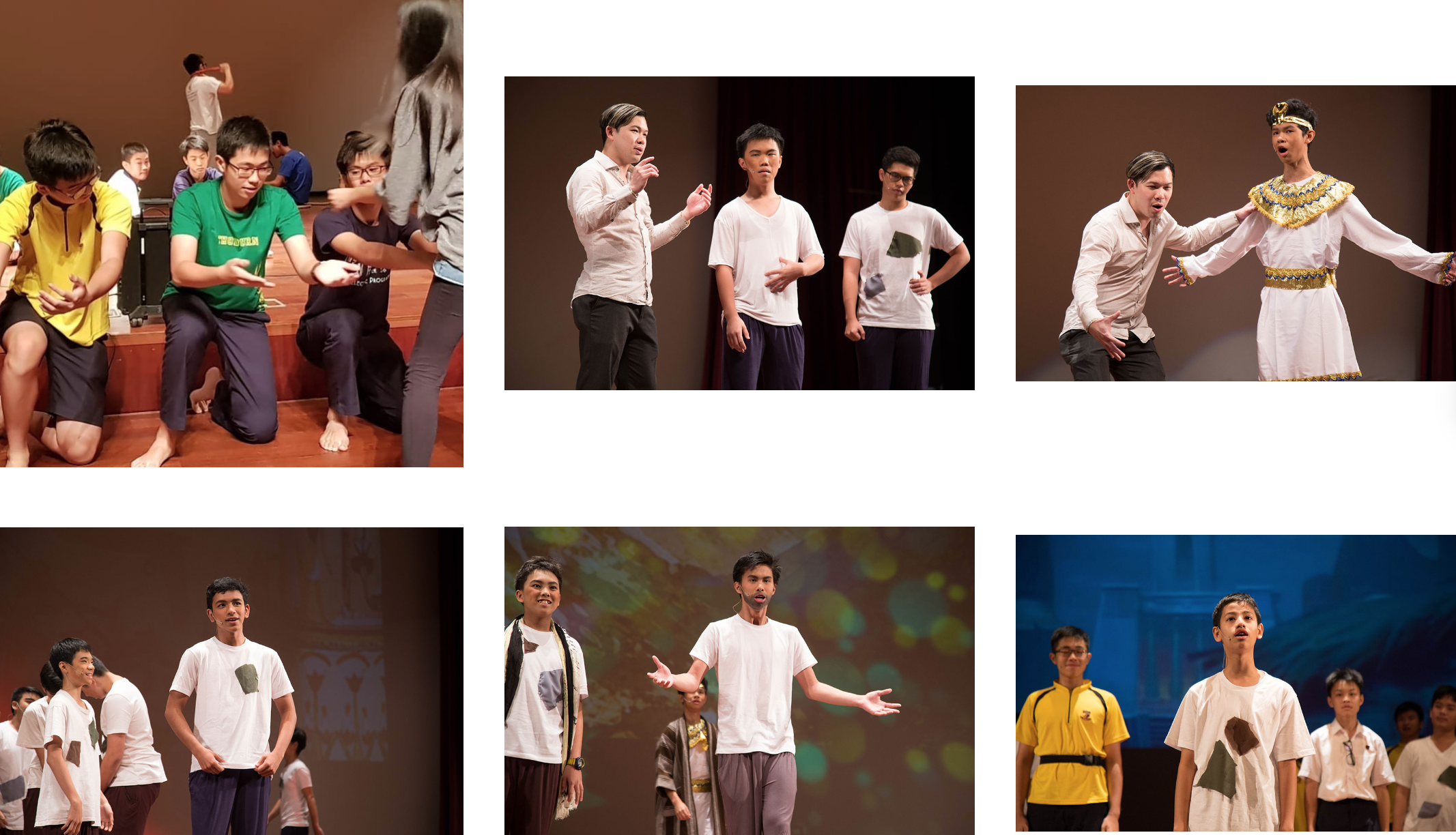 Six photos of young male students performing in a stage play, some in costumes, acting and gesturing on stage.